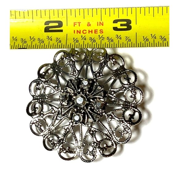 Filigree Brooch 1.7 in Pin Jewelry Silvertone Rhinestones - Picture 4 of 9